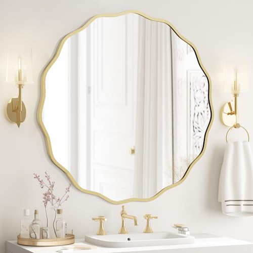 Gold 32-inch Wavy Round Wall Mirror with Aluminum Frame - Modern Bathroom & Living Room Decor