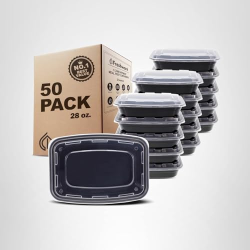 Freshware Meal Prep Containers [50 Pack] 1 Compartment with Lids, Food Storage Containers, Bento Box, BPA Free, Stackable, Microwave/Dishwasher/Freezer Safe (28 oz)