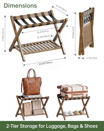 Foldable Bamboo Luggage Rack Set - Walnut Finish with Storage Shelf