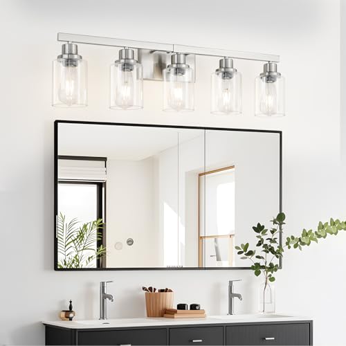 Nickel Bathroom Vanity Light 5-Light Modern Wall Sconce with Clear Glass Shades — Ideal for Mirror, Bedroom, Living Room - Variation of Nickel / 5-Light