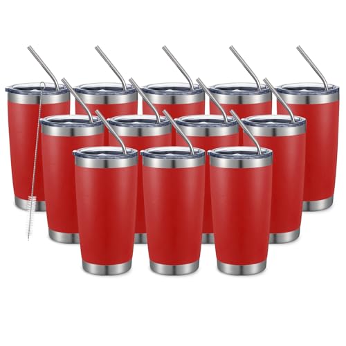 COMOOO 20oz Double Wall Vacuum Insulated Tumbler Red - 12 Pack with Splash Lid & Straws