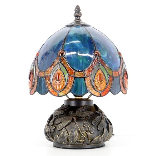 Mini Tiffany Mushroom Table Lamp - Peacock Crystal Accent Nightlight 11 Inch