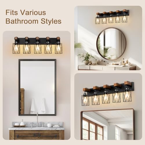 Black Farmhouse Bathroom Vanity Light - 5-Light Wood & Metal Fixture, Over Mirror