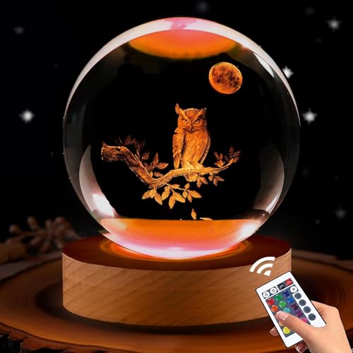 Owl Gifts for Women, 3.15in 3D Figurine Crystal Ball Lamp with Remote Control, Owl Decor for Bedroom, Birthday Christmas Owls Gifts for Kids Girls Boys Women