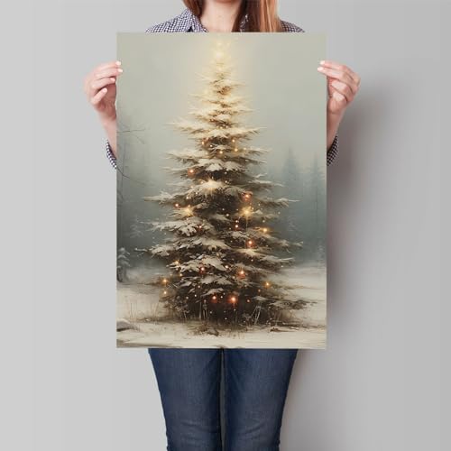 XMQQLL 16x24 in Vintage Christmas Tree Wall Art — Moody Neutral Canvas Print, Unframed