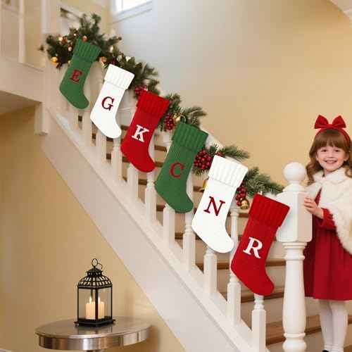 Christmas Stockings with Initials, 20-Inch Personalized Embroidered Monogram Knit Christmas Stocking,Large Cable Letter Knitted Christmas Stockings for Fireplace Family Christmas Decorations(S,White)