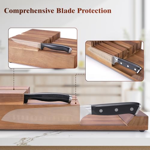 In-Drawer Knife Block Organizer without Knives, Acacia Wood, Fits Most Drawers