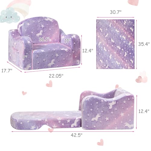 Airpanda Kids Sofa Chair - Purple 2-in-1 Fold-Out Couch with Blanket & Glow Fabric