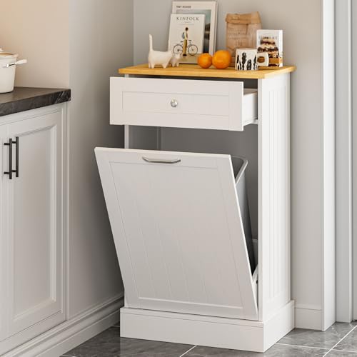 White 10 Gallon Tilt Out Trash Cabinet with Single Door - Wooden Recycling Bin
