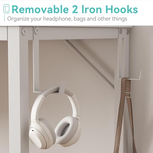 Small White Study Desk 23.6 Inch for Kids Girls with Storage Bag & Headphone Hook