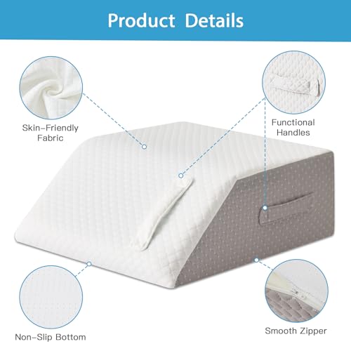 MEGCXIT Memory Foam Leg Wedge Pillow 23.6x16.8x8 Inch for Elevation & Circulation - White/Grey