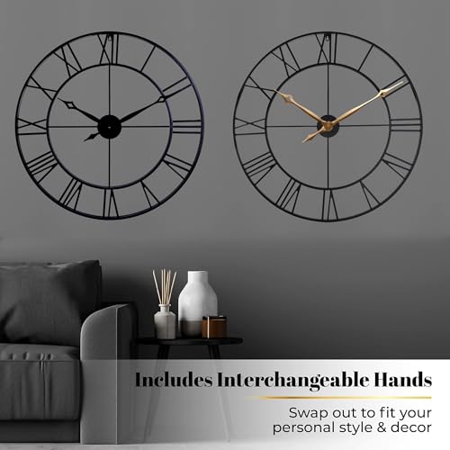Black Roman Numeral 30 Inch Wall Clock - Large Heavy Metal Industrial Decor