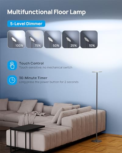 TROND Daylight Black LED Floor Lamp 71" Modern Torchiere with Dimmable Brightness
