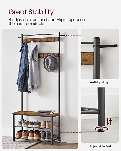 VASAGLE Rustic Brown & Black 3-in-1 Coat Rack with Shoe Storage Bench, Steel Frame