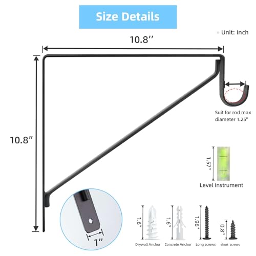 10-Pack Heavy Duty Closet Rod Brackets - Matte Black Steel Wall Mount Support with Anchors & Screws - 10.8x10.8 Inches, 300 Lb Capacity - Variation of THIS listing