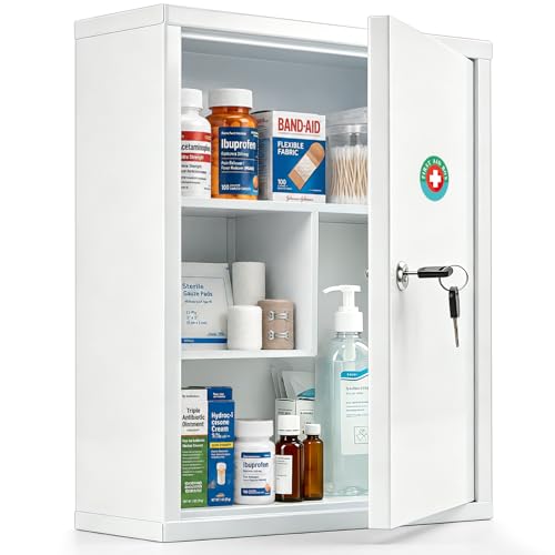 KYODOLED Rectangular Wall Mount Locking Medicine Cabinet with Keys, 15.75 Inch, White