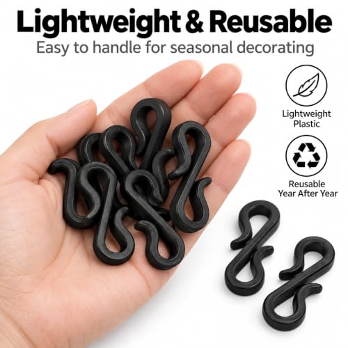 50-Pack Black S Hooks for Outdoor Christmas Lights - Lightweight Plastic