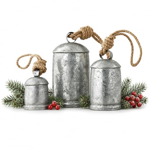 Rustic Silver Christmas Cow Bell Set of 3 - Hanging Wall Decor 4" 5" 8"