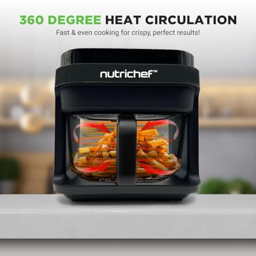 Nutrichef 5.8 Quart Air Fryer Grey - 8 Preset Cooking Modes & Transparent Fry Bowl
