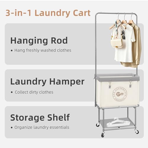 Laundry Cart with Hanging Bar & Storage Shelf - Beige, 110L, 3-in-1