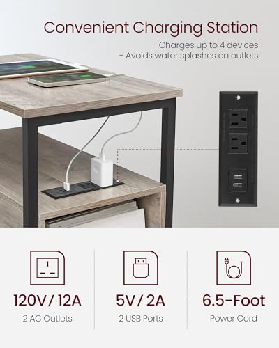 VASAGLE Slim Nightstand with Charging Station - Heather Greige + Ink Black, 23.6"D x 11.8"W