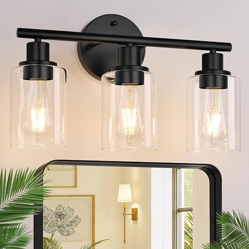 Matte Black 3-Light Bathroom Vanity Light Fixture with Clear Glass Shades – Up & Down Reversible Mounting