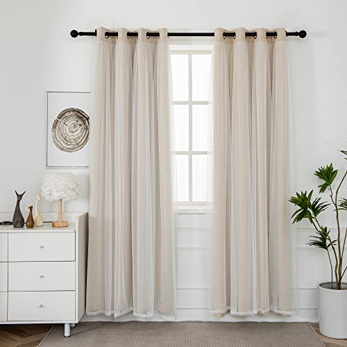INLINAS Blackout Curtains with Sheer Overlay Beige 52x96 Inches Pack of 2
