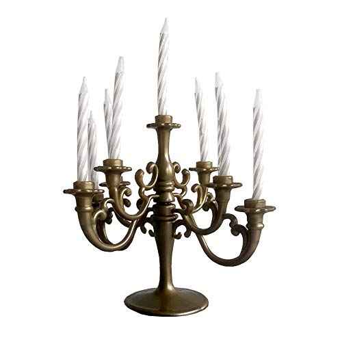 Mini Plastic Candle Holder Stand with 9Pcs Candelabra Taper Beautiful Vintage Candlestick Cake Topper Desk Ornament for Christmas Wedding Event Birthday Party Candelabra Gold Height 14cm