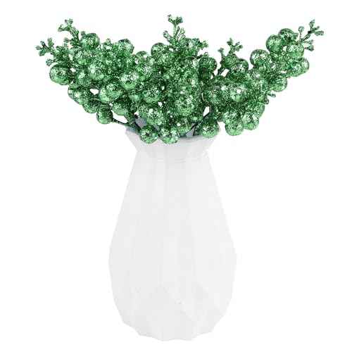 DIYASY Green Glitter Berry Stems,20Pcs Artificial Xmas Picks and Sprays Christmas Tree Filler Branches Ornaments Holiday Wreath Garland Decorations Home D?cor 7.8 Inch