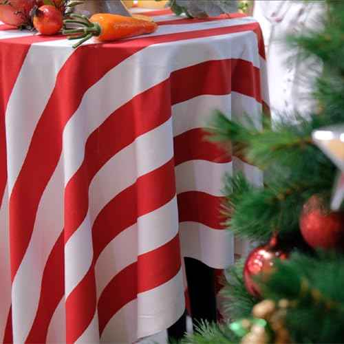 Red and White Stripe Tablecloths for Round Table, Carnival Theme Party Decorations, 84'' x 84'' Plastic Table Cover for Circus Party, Movie Night, Birthday, Christmas, Baby Shower, Wedding (3)