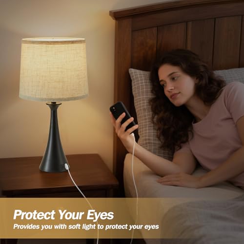 Black Touch Table Lamps Set of 2 - 21-inch Bedside Lamps with USB-C & A