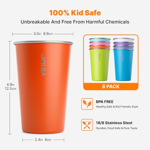 Vinur 16oz Colorful Stainless Steel Drinking Cups 8-Pack - Stackable & Reusable