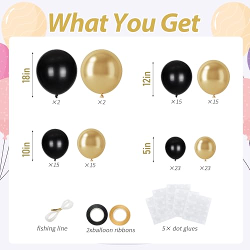 110pcs Black and Gold Balloons, 18/12/10/5 Inch Metallic Balloons