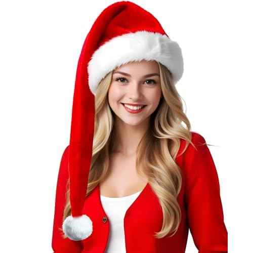 Long Christmas Santa Hat for Adults Unisex Deluxe Plush Long Xmas Santa Claus Hats New Year Festive Holiday