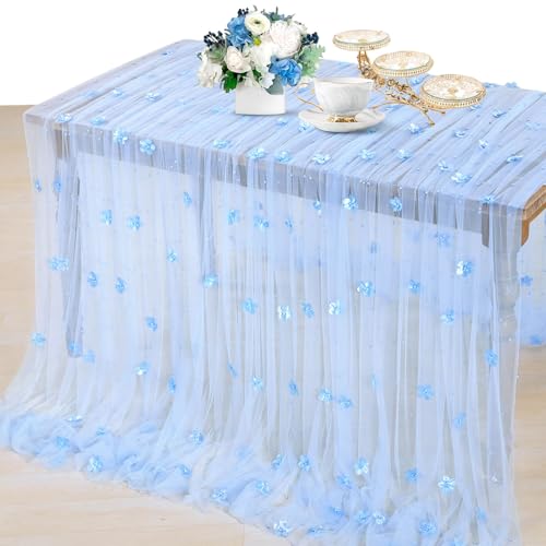 3 Pack Baby Blue Pearl Tulle Tablecloths 120 x 60 in - Floral 3D Duo