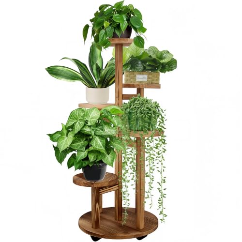 Indoor 5-Tier Plant Stand with Wheels - Brown Wooden Tall Flower Rack