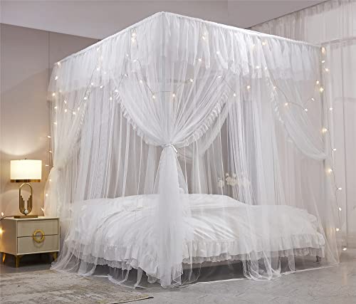 VETHIN White Double Layer Princess Bed Canopy Curtain for Queen Size Bed 59"W x 82"L