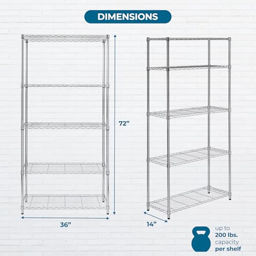 Heavy Duty Adjustable Shelving Unit - Chrome Wire Rack, 200 lbs Per Shelf, 5 Tiers, 36x14x72 in — Variation of 200 lbs Per Shelf / Chrome / 5