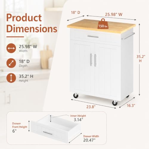 White 26-In Kitchen Island Cart with Lockable Casters & Adjustable Shelves