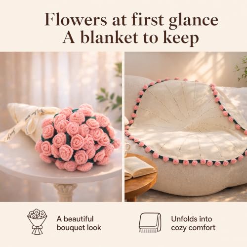 FantasDeck Pink Rose Bouquet Blanket Gift Set for Women - Get Well, Self Care & Birthday Gift