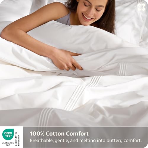 Bedsure Queen 100% Cotton Percale Duvet Cover Set White Rope Weave - Hotel Style
