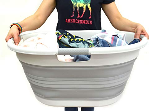 57L Collapsible Plastic Laundry Basket with Handles - Grey, Space Saving