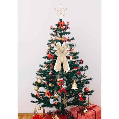 Large Christmas Bow for Wreath, Merry Christmas Wreath Bow for Front Door Wall Fence Decor White Gold Christmas Tree Topper Bow for Christmas Winter Party Home New Year Decoration Supplies