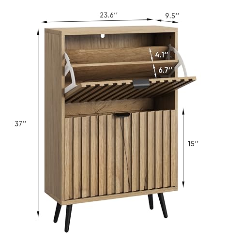 Shoe Cabinet with Flip Drawers - 23.6 Inch Natural Storage Closet with Fluted Doors - Freestanding Entryway Organizer - Variation: 23.6 in (60 cm) / Natural With Flip Drawer