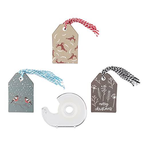 K-Kraft Premium Christmas Wrapping Paper Set with Snow Birds, Deer & Ice Flowers on Brown Kraft – 30" x 15' Rolls (112.5 sq ft) + 24 Foil-Stamped Tags