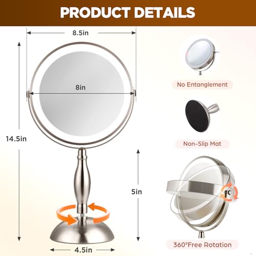 DASLAVA 30X Lighted Makeup Mirror with 3 Color Lights - Brushed Nickel