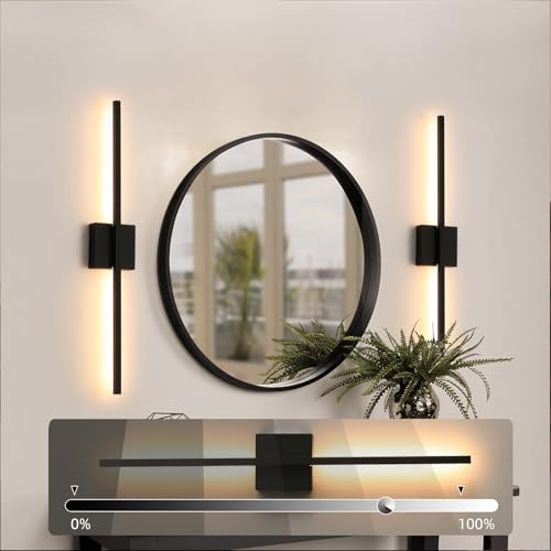 Black Wall Sconces Set of Two, 28 Inch Dimmable LED Bathroom Lights - Modern Minimalist Design