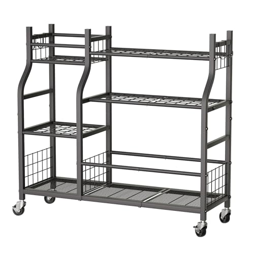 Black Garden Tool Organizer with Wheels - Multi-Tier Garage & Shed Storage, Side Hooks, 37.2 x 12.6 x 34.4 Inches