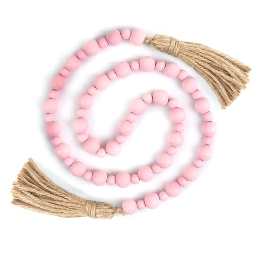 Valentine's Day Wood Bead Garland with Tassels, Farmhouse Rustic Decor Prayer Beads Boho Tassel Garland Decorative Beads for Home Decor (Pink)