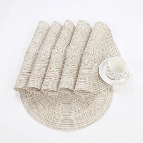 SHACOS Ivory Set of 6 Round Braided Placemats 15 Inch Washable Table Mats for Dining